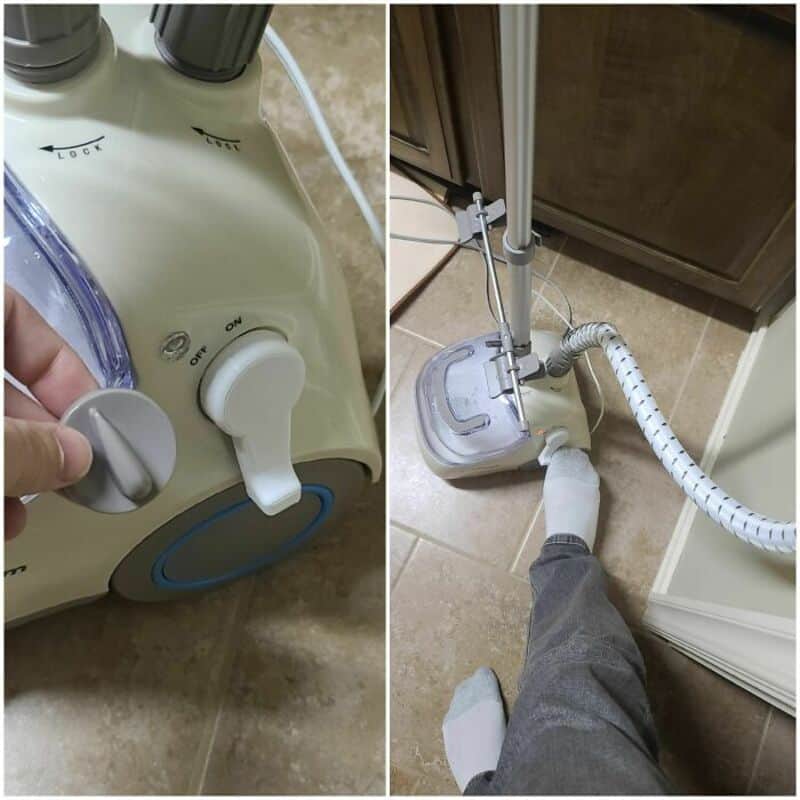 Close-up of a vacuum cleaner and a steam cleaner in a room.