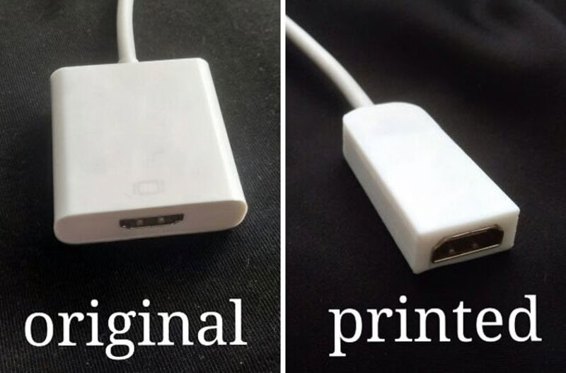 Comparison of original and 3D printed HDMI adapters.