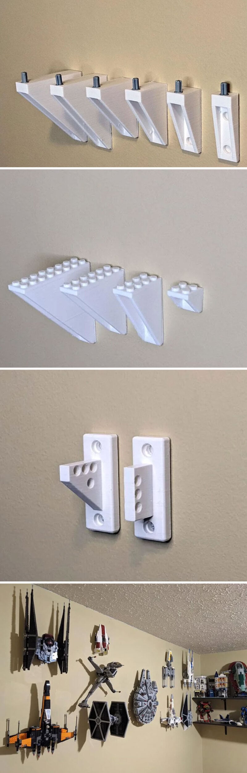 Various 3D-printed white plastic parts and assembled models for projects.
