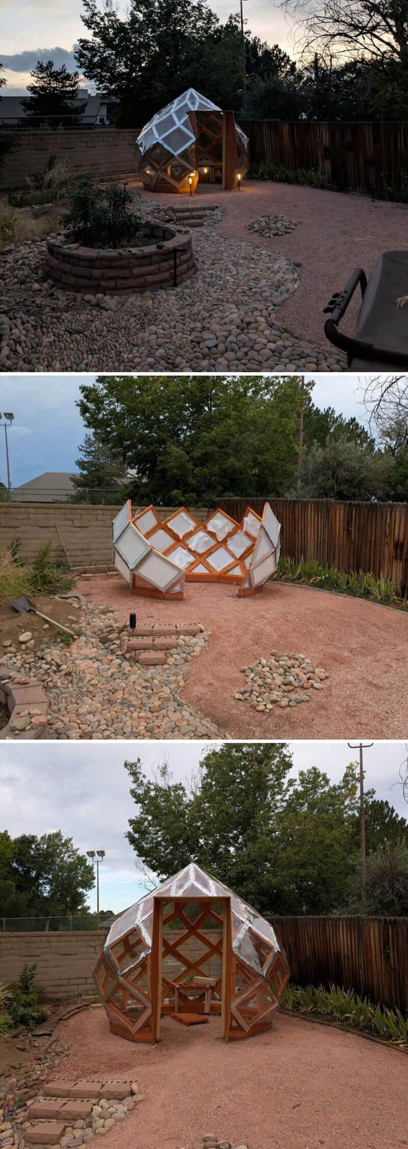 Three images of geodesic dome garden structures in backyard, different designs and materials.