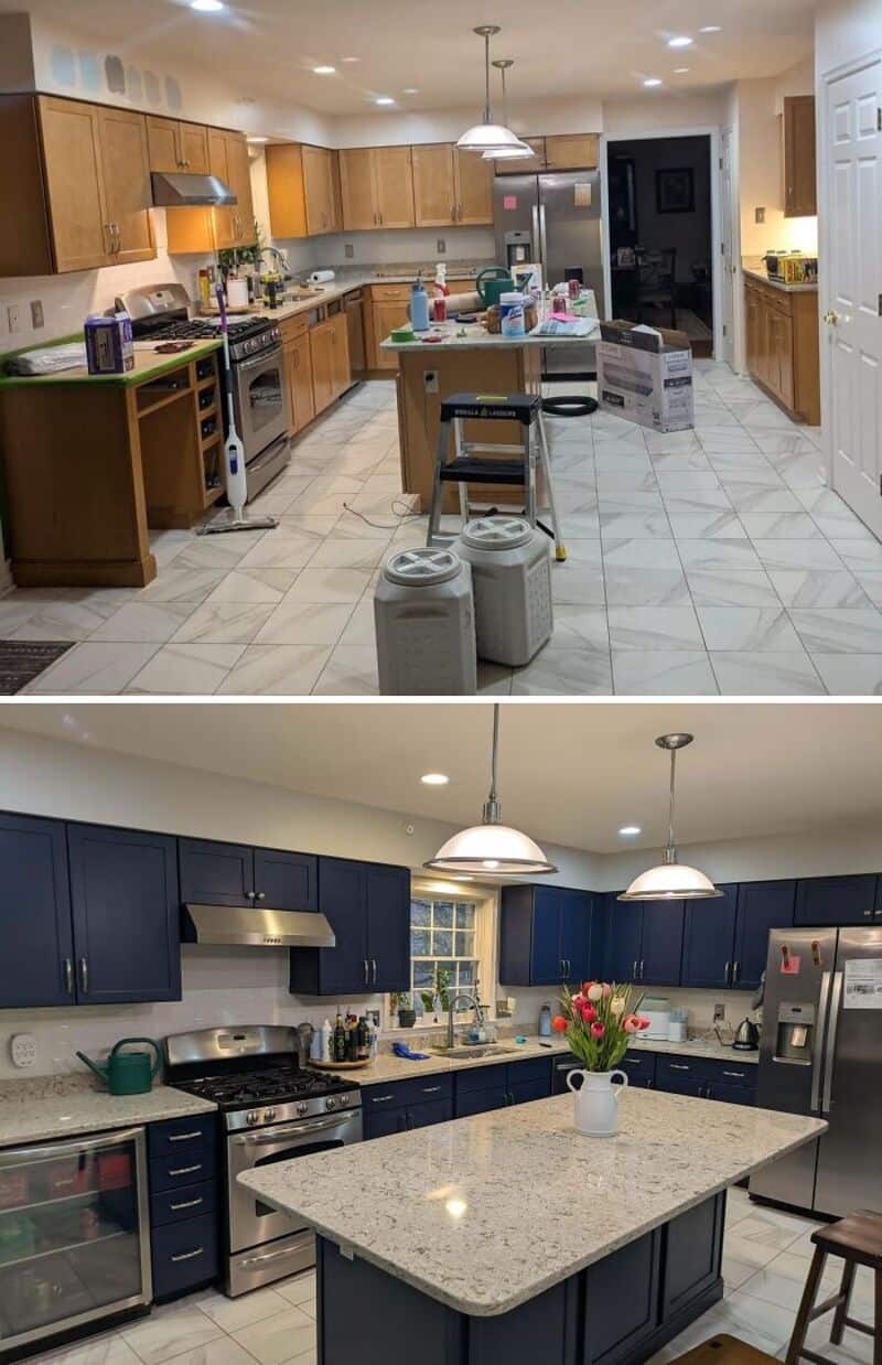 Kitchen with wooden cabinets, white countertops, and a central island, cluttered with boxes and bags.