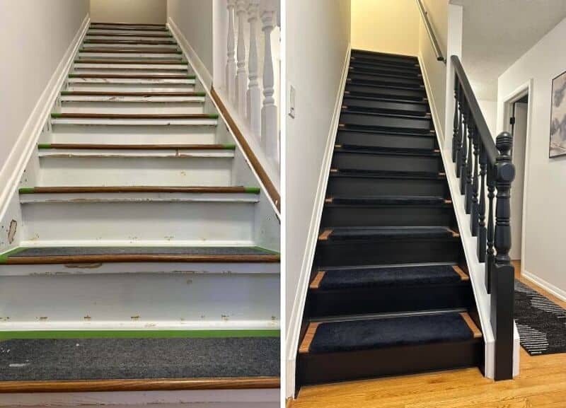 Before and after staircase renovation showing painted and carpeted stairs.
