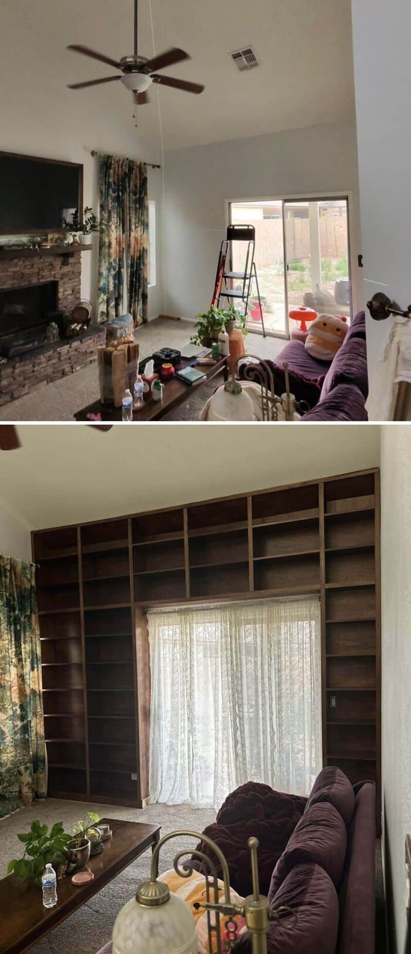 Living room with a ceiling fan, fireplace, and a large window with curtains.