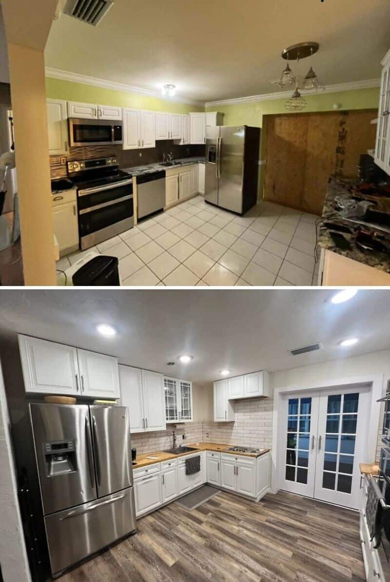 Before and after kitchen renovation showing white cabinets and new appliances.