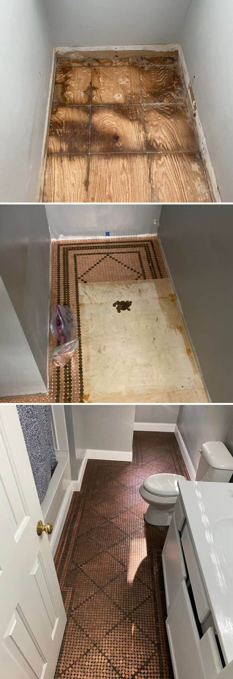 Before and after images of bathroom renovation with flooring and wall updates.