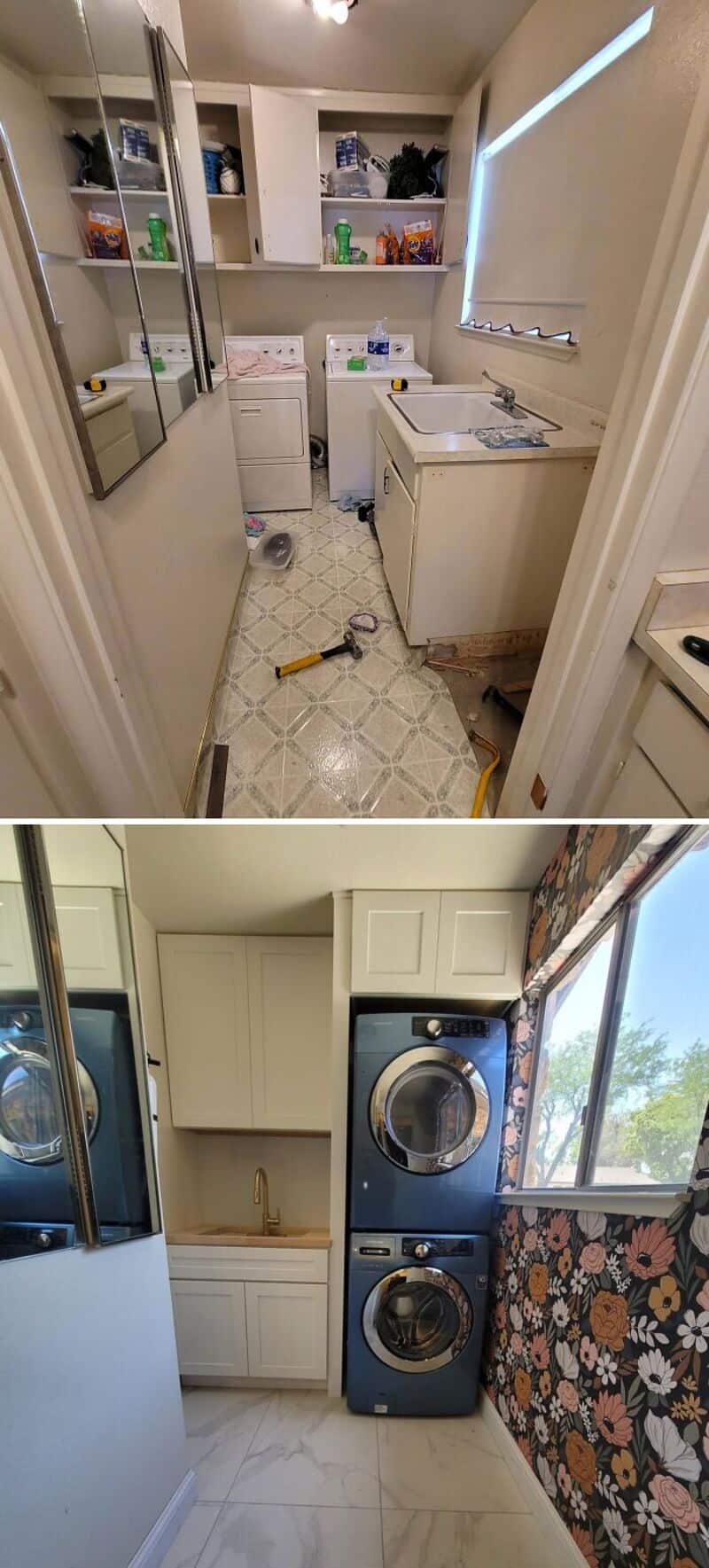 Laundry room with washer, dryer, shelves, and window, cluttered with cleaning supplies.