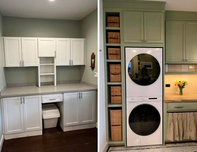 Laundry room with white cabinets and a stacked washer and dryer in a green kitchen.
