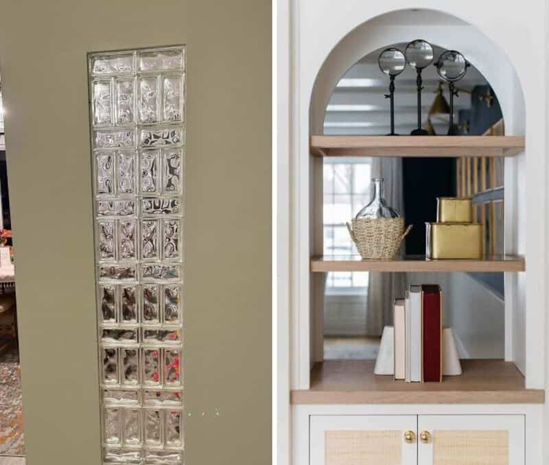 Glass block wall and built-in bookshelf with decorative items in a home.