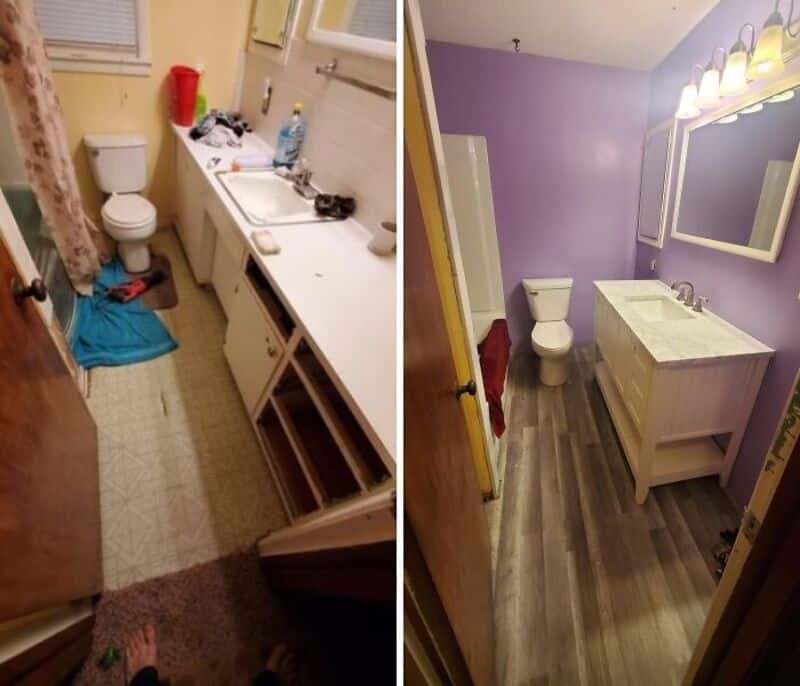 Before and after bathroom renovation showing improved decor and fixtures.