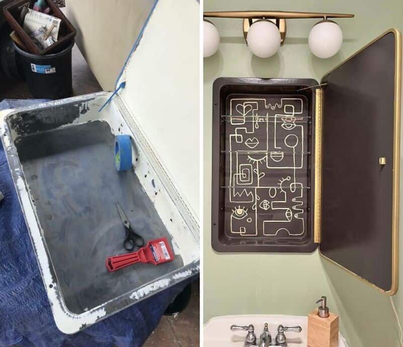 Before and after of a bathroom sink renovation with tools and new fixtures.