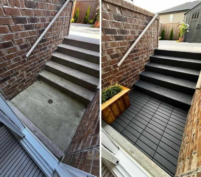 Before and after of outdoor stairs renovation with new black tiles and planter.