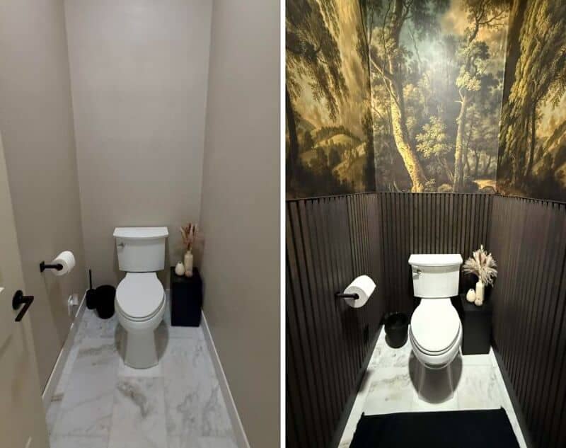 Comparison of a plain and decorated bathroom with a toilet and wall decor.
