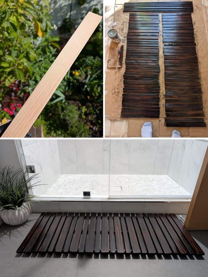 Wooden slats and planks for DIY project, laid out outdoors and indoors.