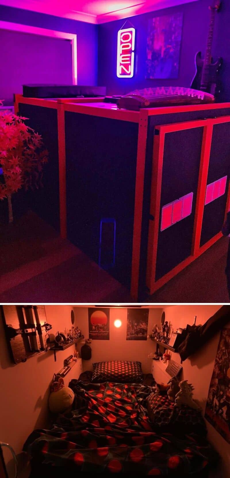 Cozy bedroom with neon sign, guitar, and colorful decor for home DIY projects.