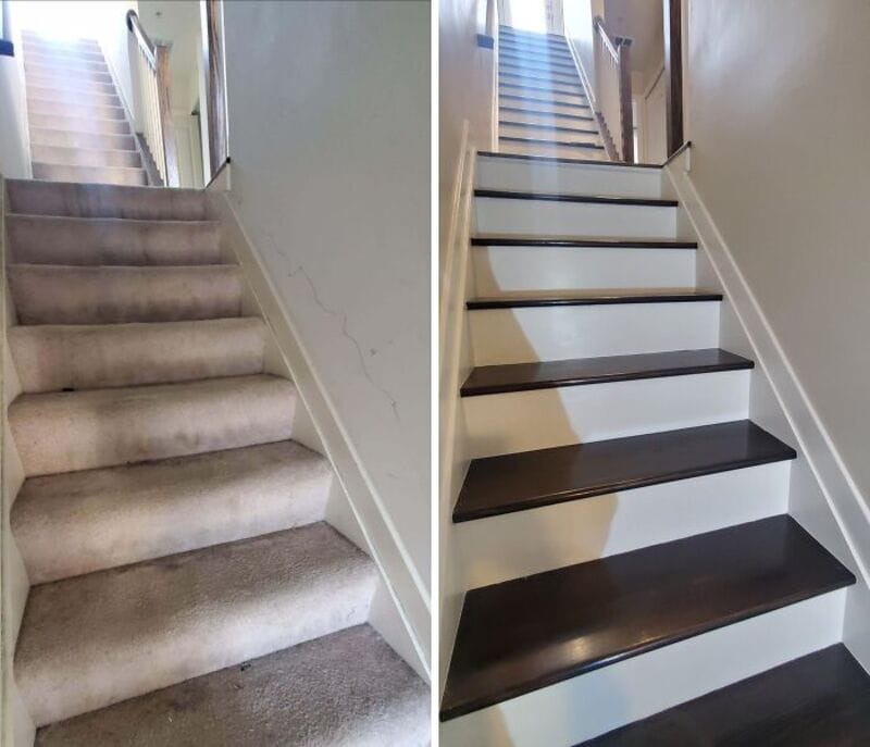 Before and after staircase renovation, showing carpeted and painted steps.