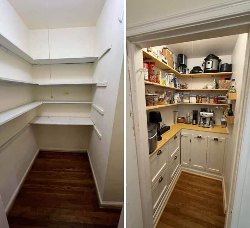 Before and after of a pantry organization project in a home.