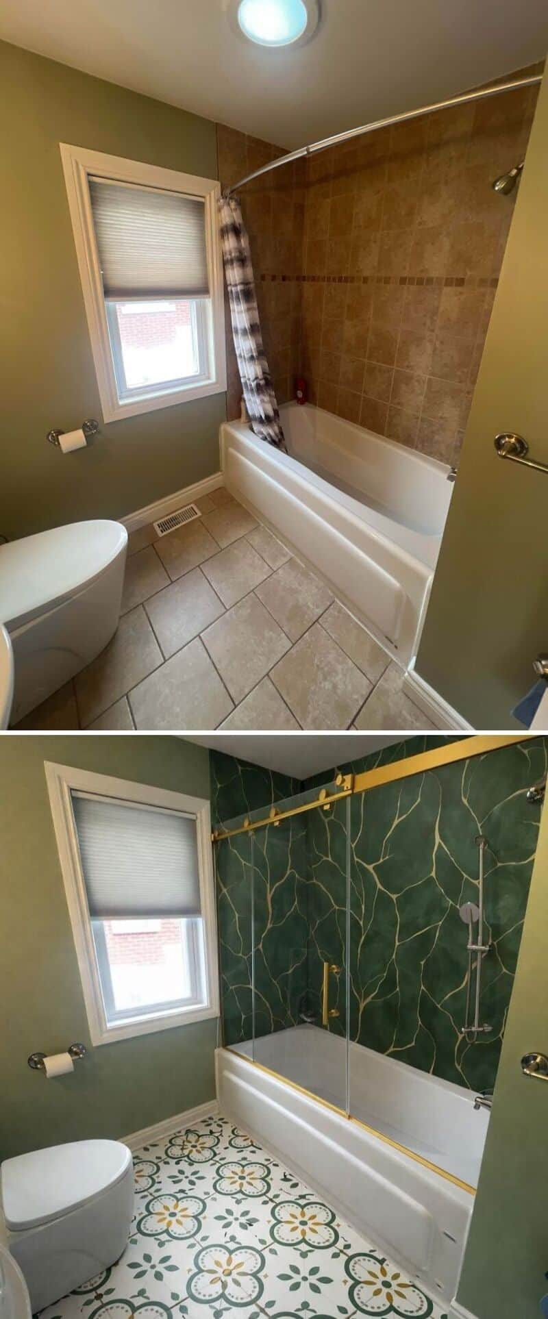 Bathroom with bathtub, window, and shower area, green walls, and patterned floor.