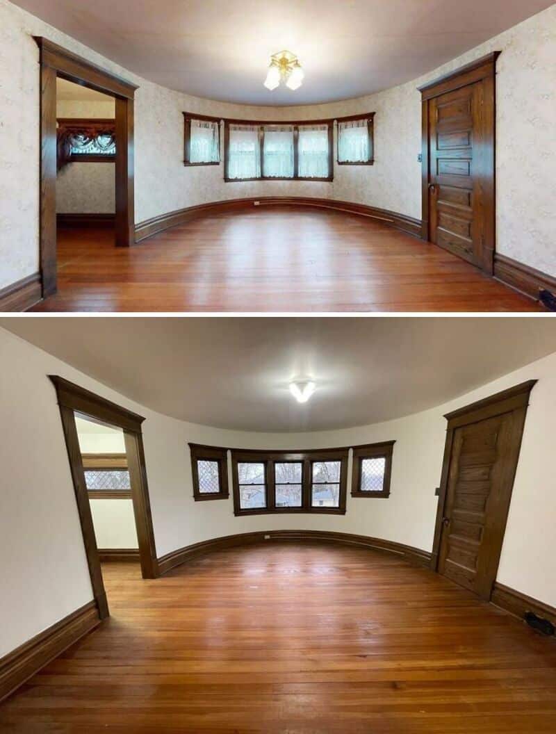 Before and after of a room renovation with new paint and flooring.