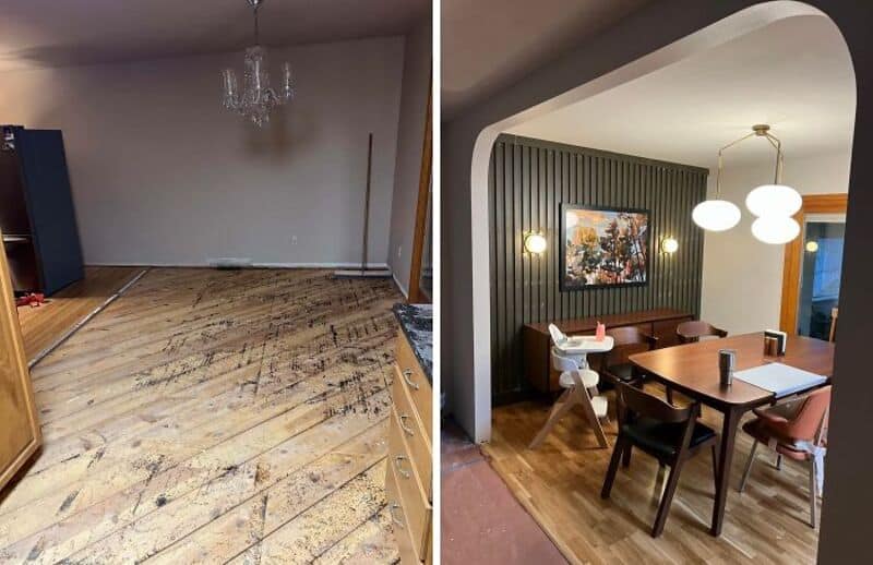 Before and after images of a home renovation project in a dining area.