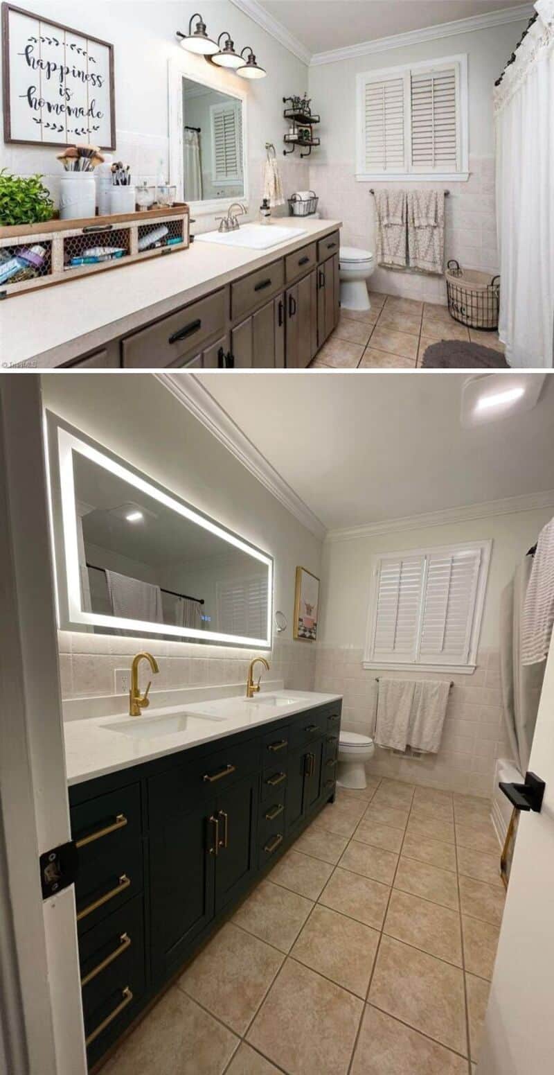 Before and after bathroom renovation with new vanity, mirror, and lighting.