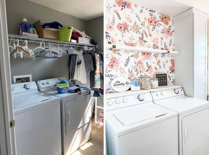 Before and after laundry room organization with washer, dryer, and shelves.
