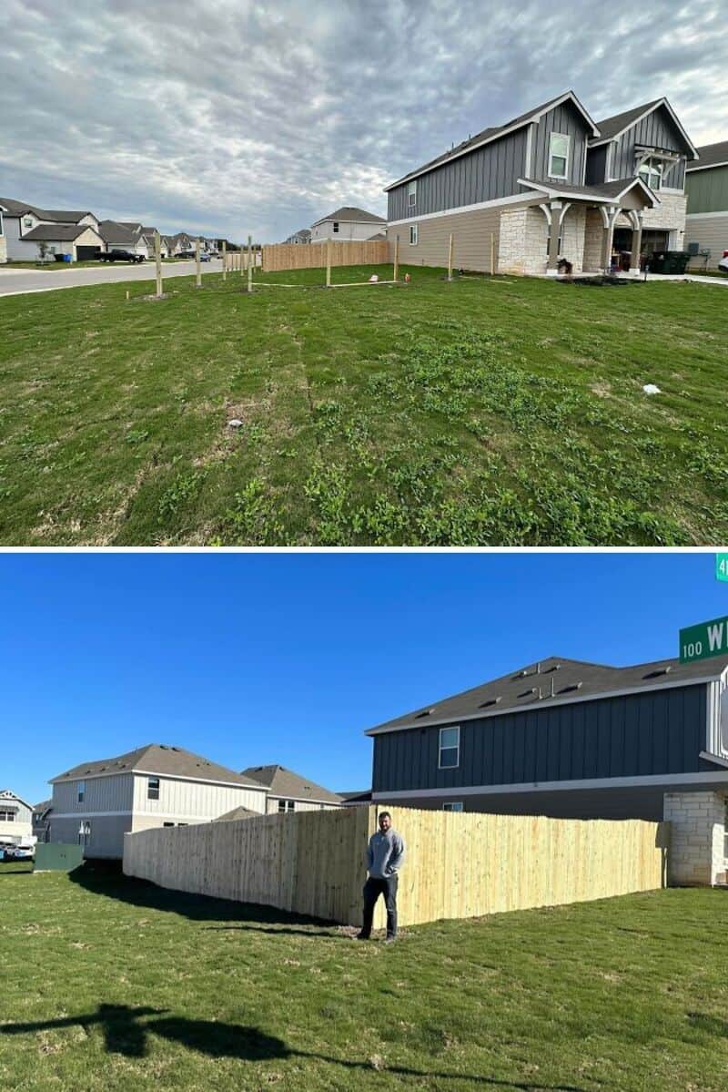 Empty backyard with grass, new houses, and a cloudy sky.