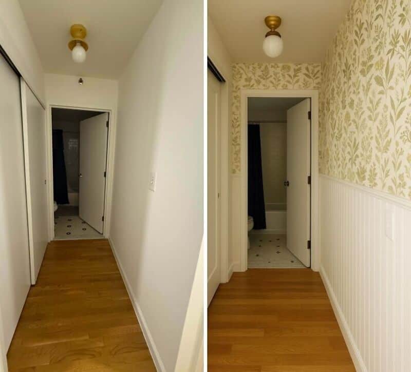 Before and after hallway renovation with new wallpaper and flooring.