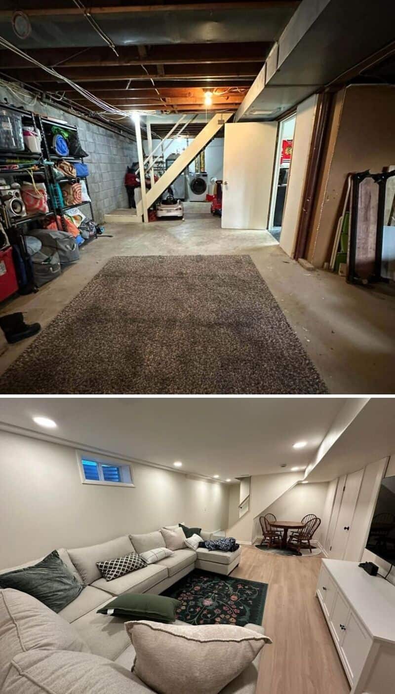 Before and after basement renovation with storage and living space.