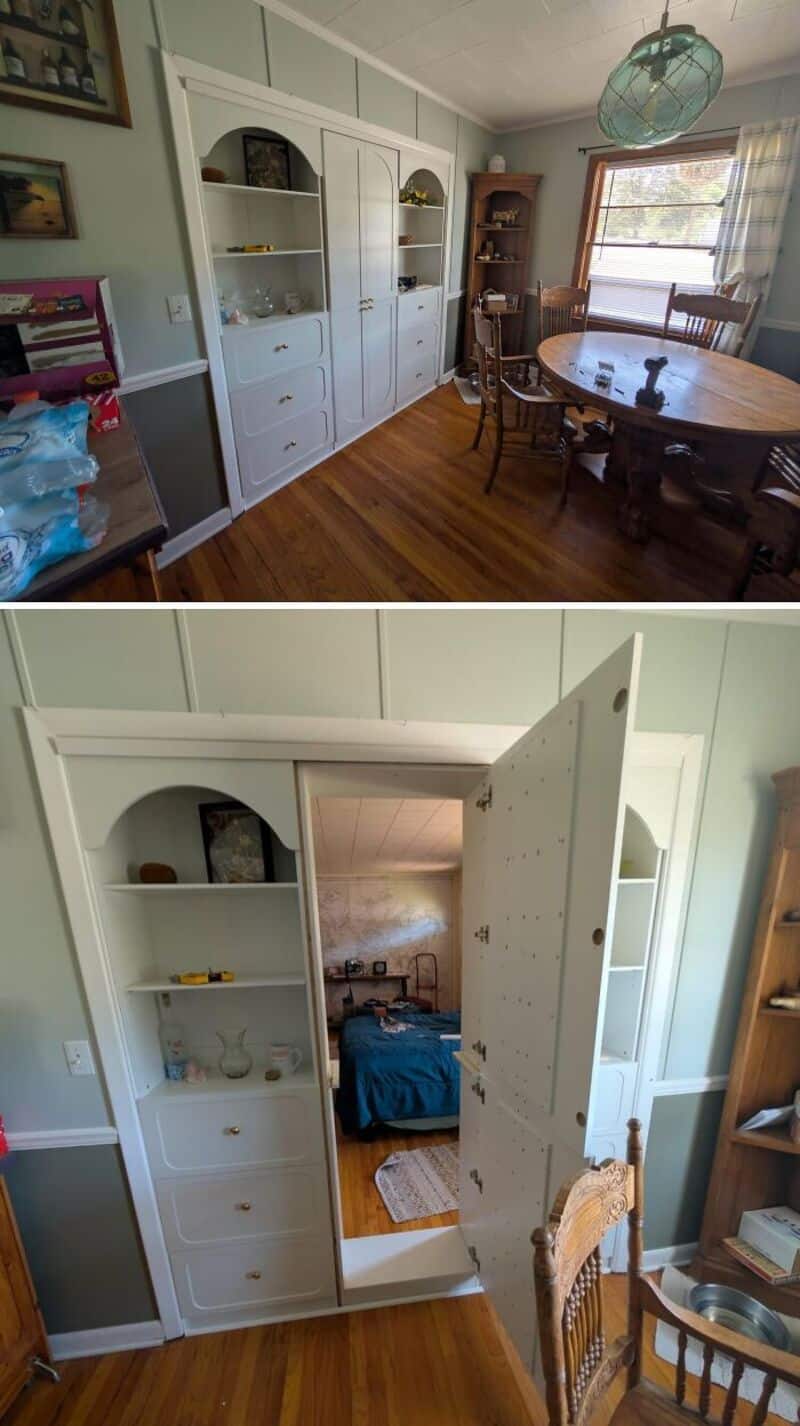 Before and after of a built-in cabinet transformation in a dining room.