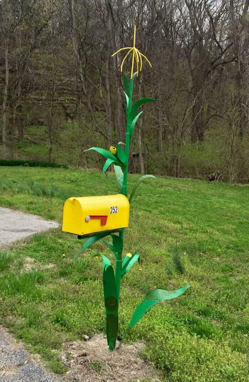 Colorful mailbox shaped like a corn stalk with a yellow mailbox and green leaves.