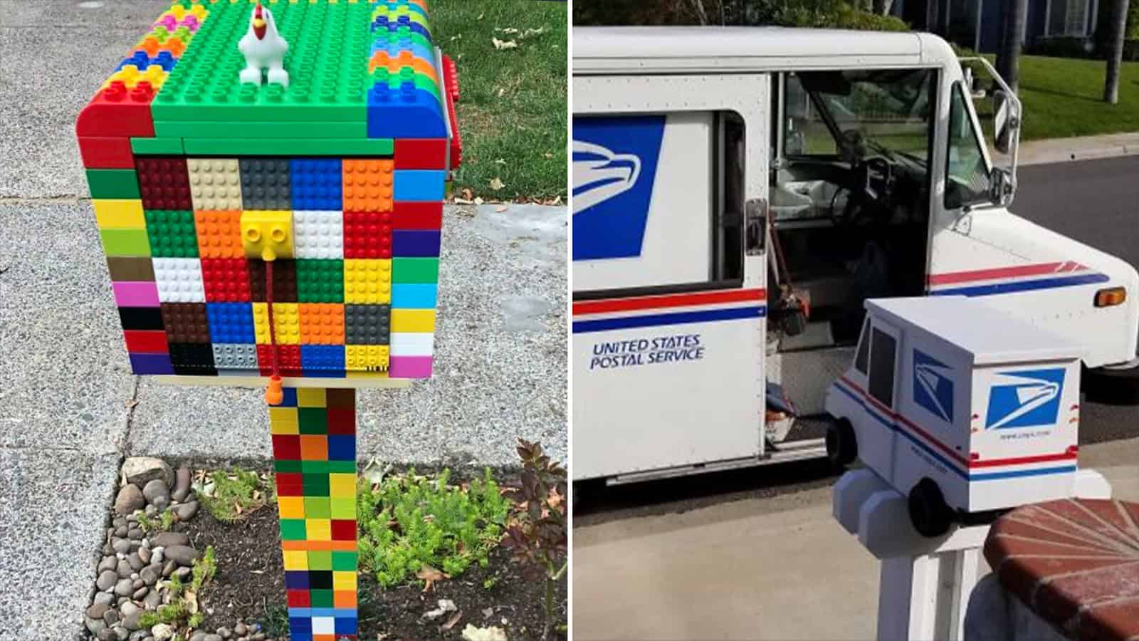 Colorful LEGO mailbox with a white dog on top and a rainbow-colored post.