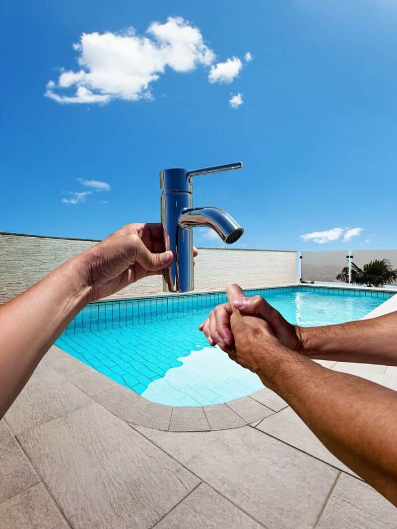 Hands holding a faucet over a swimming pool with blue sky and clouds.