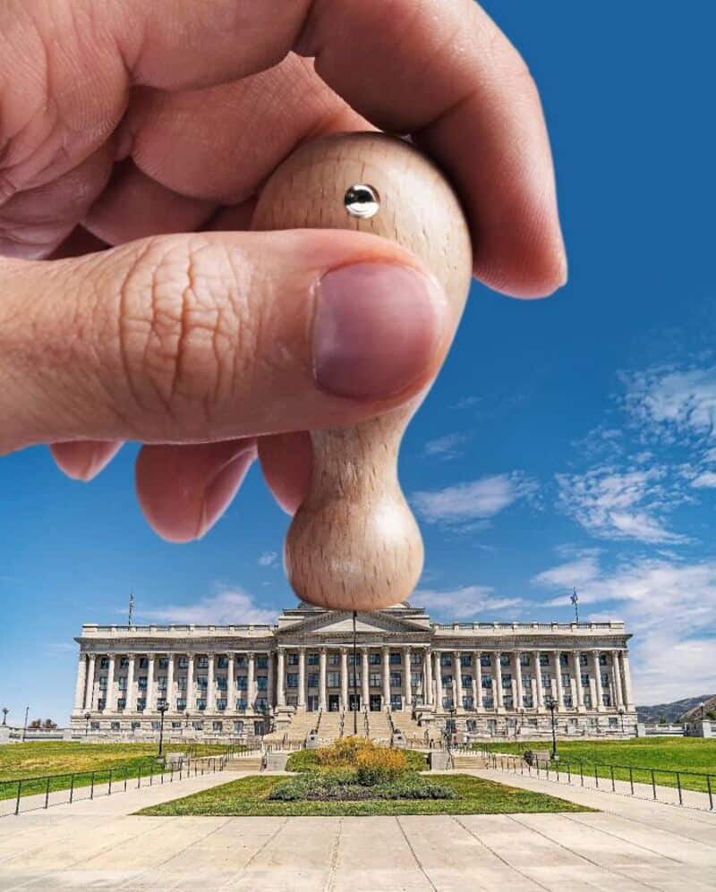 A hand holding a wooden stamp over a government building with a blue sky.