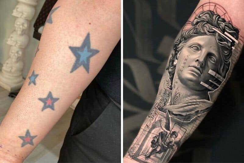 Tattoo cover-up of a classical statue with a modern design on the arm.