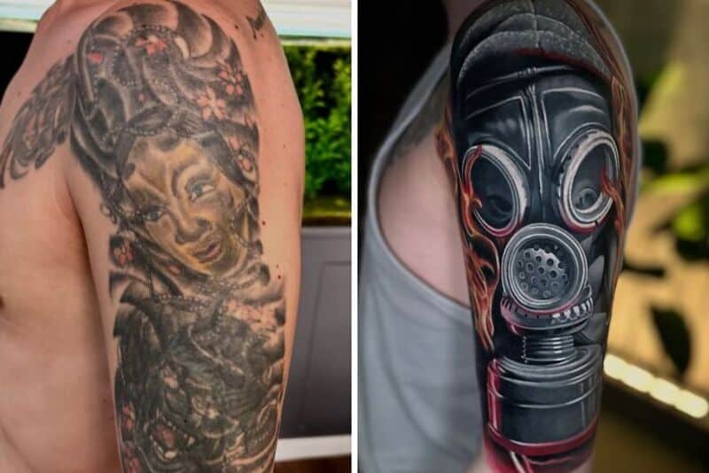 Tattoo cover-up of a woman with a headdress and a mask on the arm.