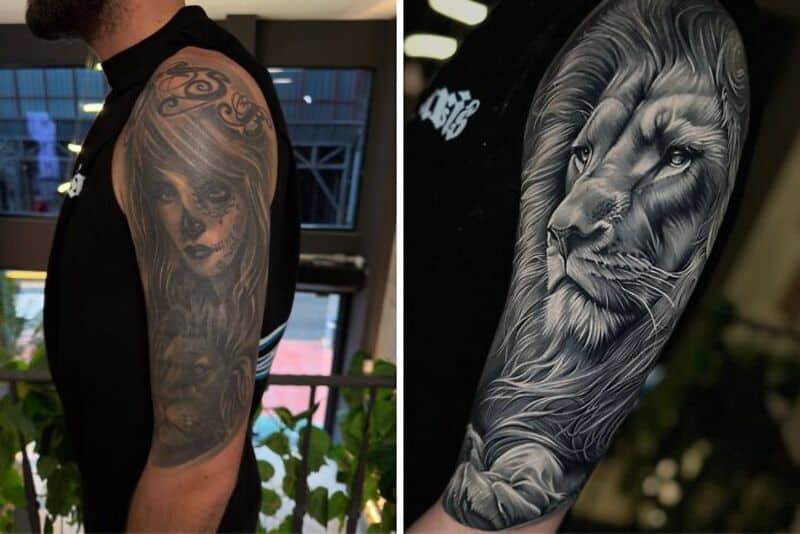 Tattoo of a woman's face and a lion on a person's arm.