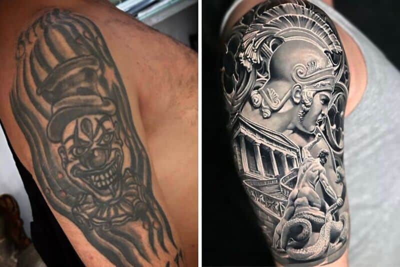 Two detailed black and gray tattoos on upper arms, one of a clown and one of a warrior.