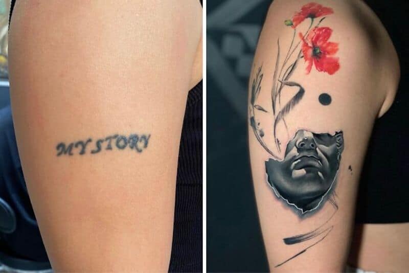 Tattoo cover-up of a face with flowers on the shoulder.