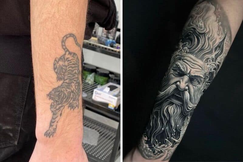Tattoo cover-up with a tiger on the left arm and a detailed bearded face on the right arm.