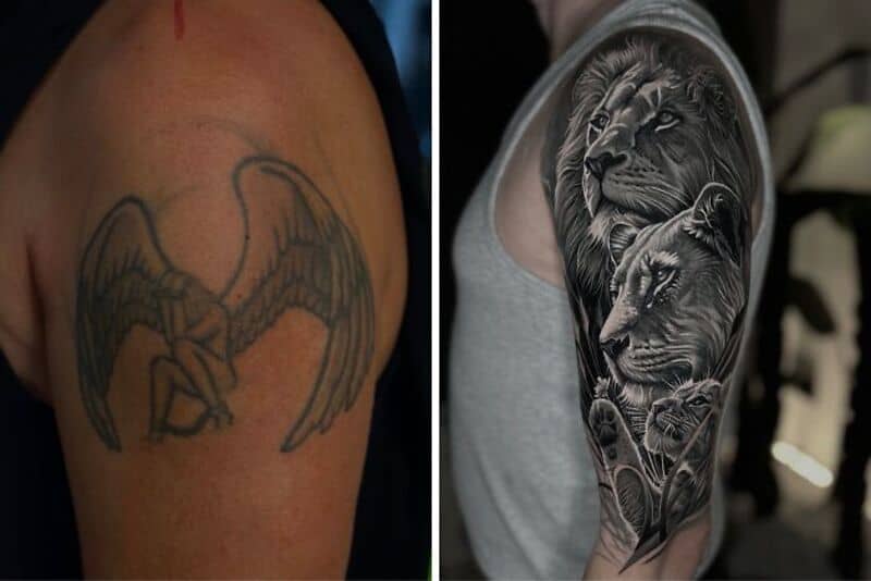 Two tattoo designs: a dragon with wings and a detailed lion and tiger portrait.