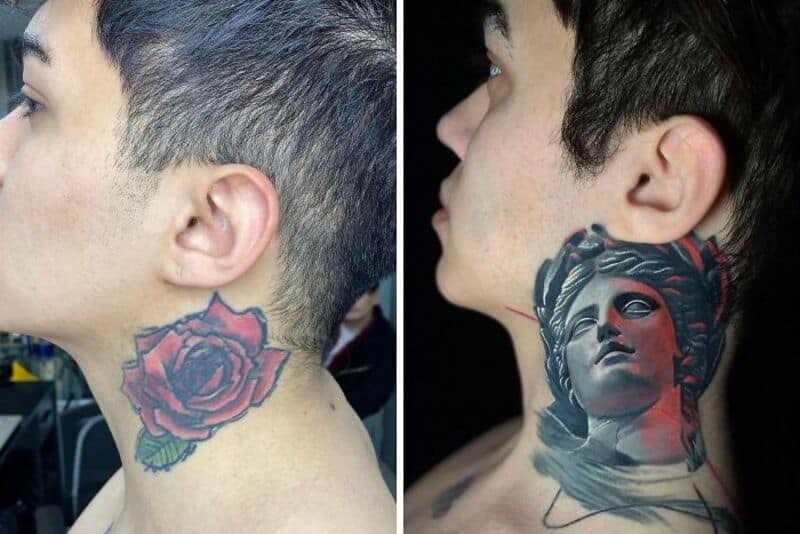 Side view of a young man with a large rose tattoo on his neck and a detailed face sculpture tattoo.
