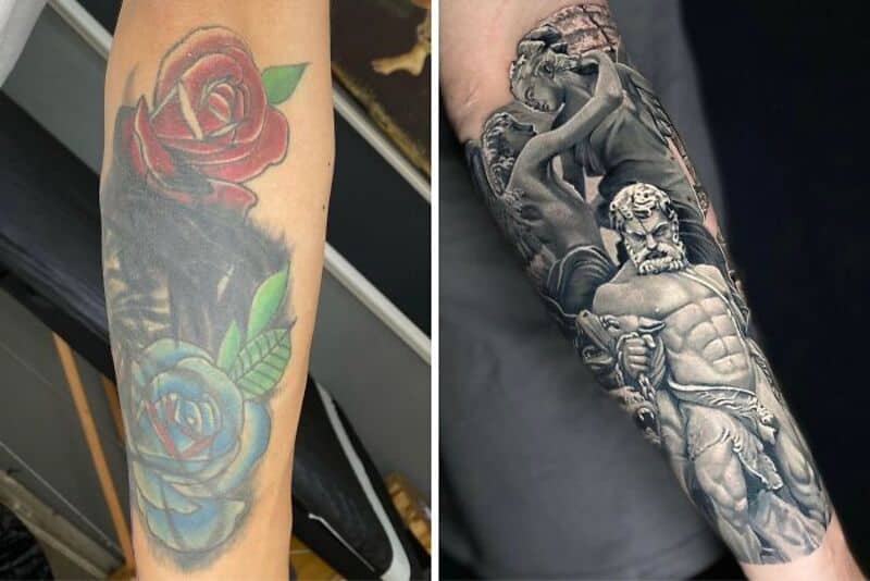 Colorful tattoo cover-up with a red and blue rose on the arm.