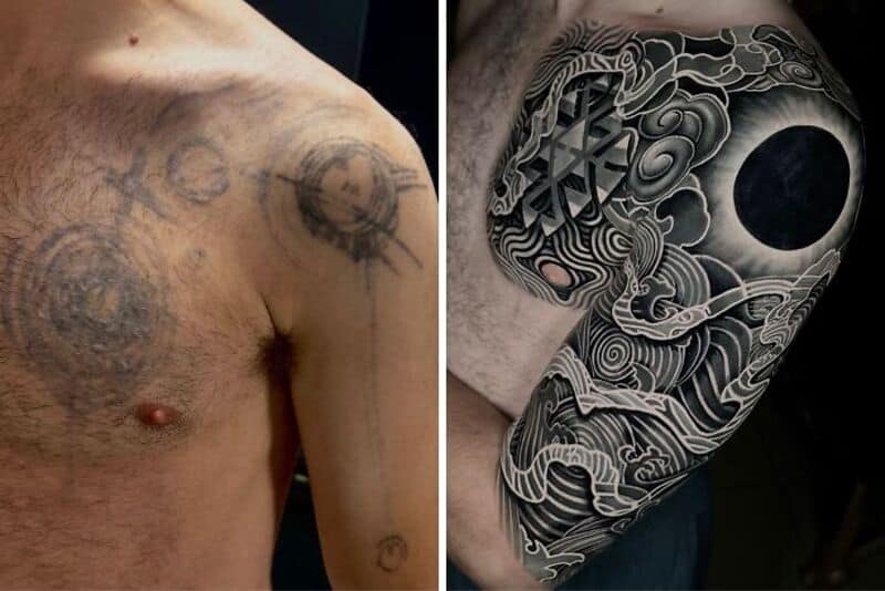 Before and after tattoo cover-up on man's shoulder and arm.