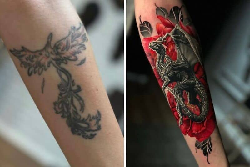 Comparison of two dragon tattoos, one in black and gray, the other in color with red flowers.