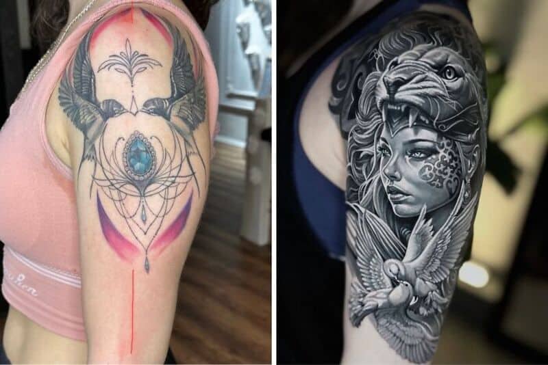 Two detailed black and gray tattoos on arms, one with a dreamcatcher and bird, the other with a lion.