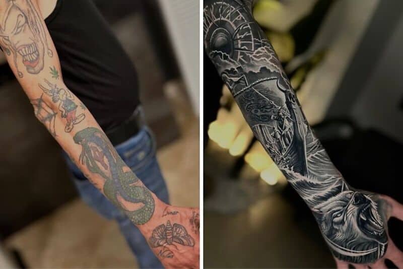 Comparison of colorful and black-and-gray tattoo sleeves on arms.