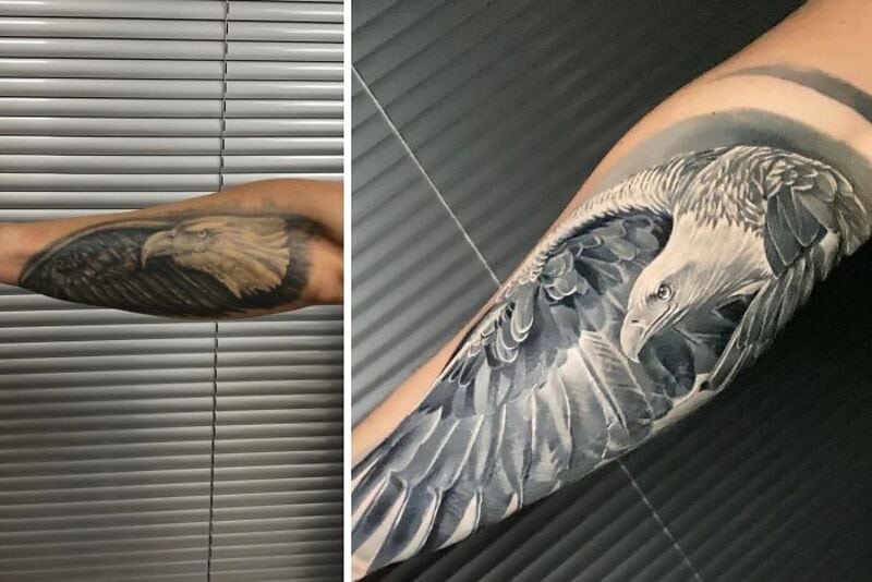 Close-up of a detailed eagle tattoo on a person's arm.