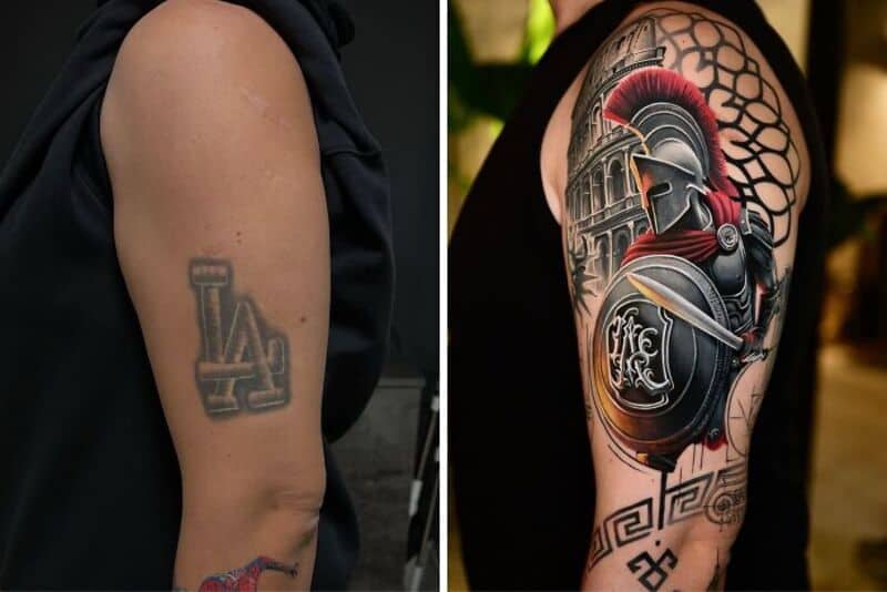 Two tattoos on arms, one with LA logo, the other with a Spartan helmet and Greek patterns.
