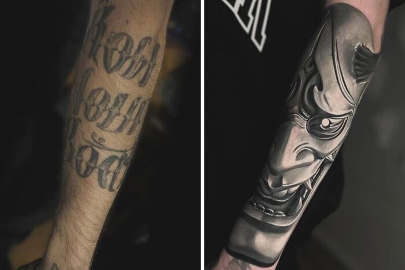 Comparison of old tattoo cover-up and new detailed tattoo on arm.