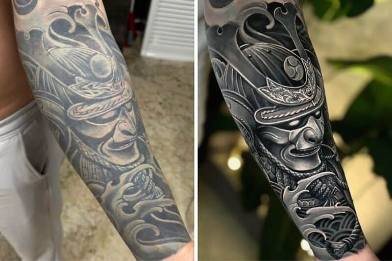 Comparison of a tattoo before and after cover-up work.
